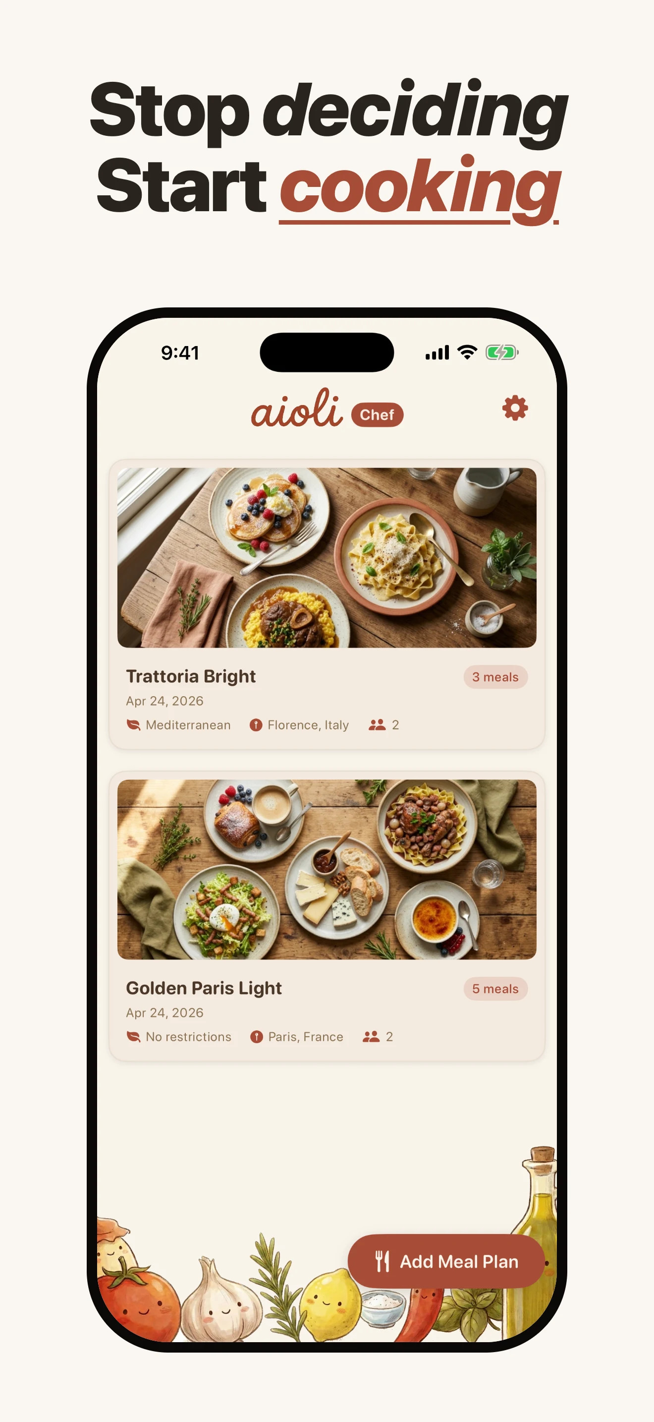 Aioli app — "What's for dinner? Solved." showing the home screen with a generated weekly meal plan