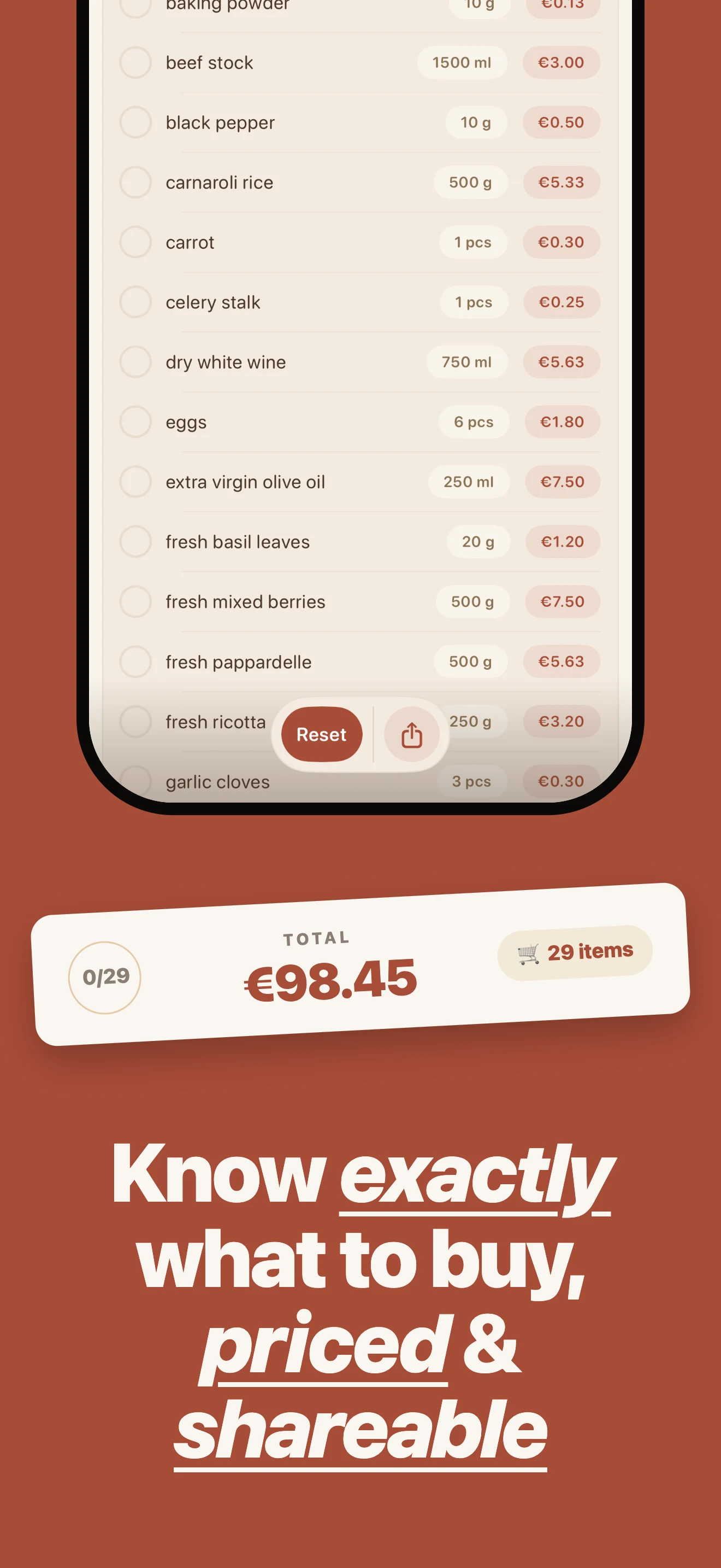Aioli app — "One-tap shopping list" showing the aggregated grocery list with prices