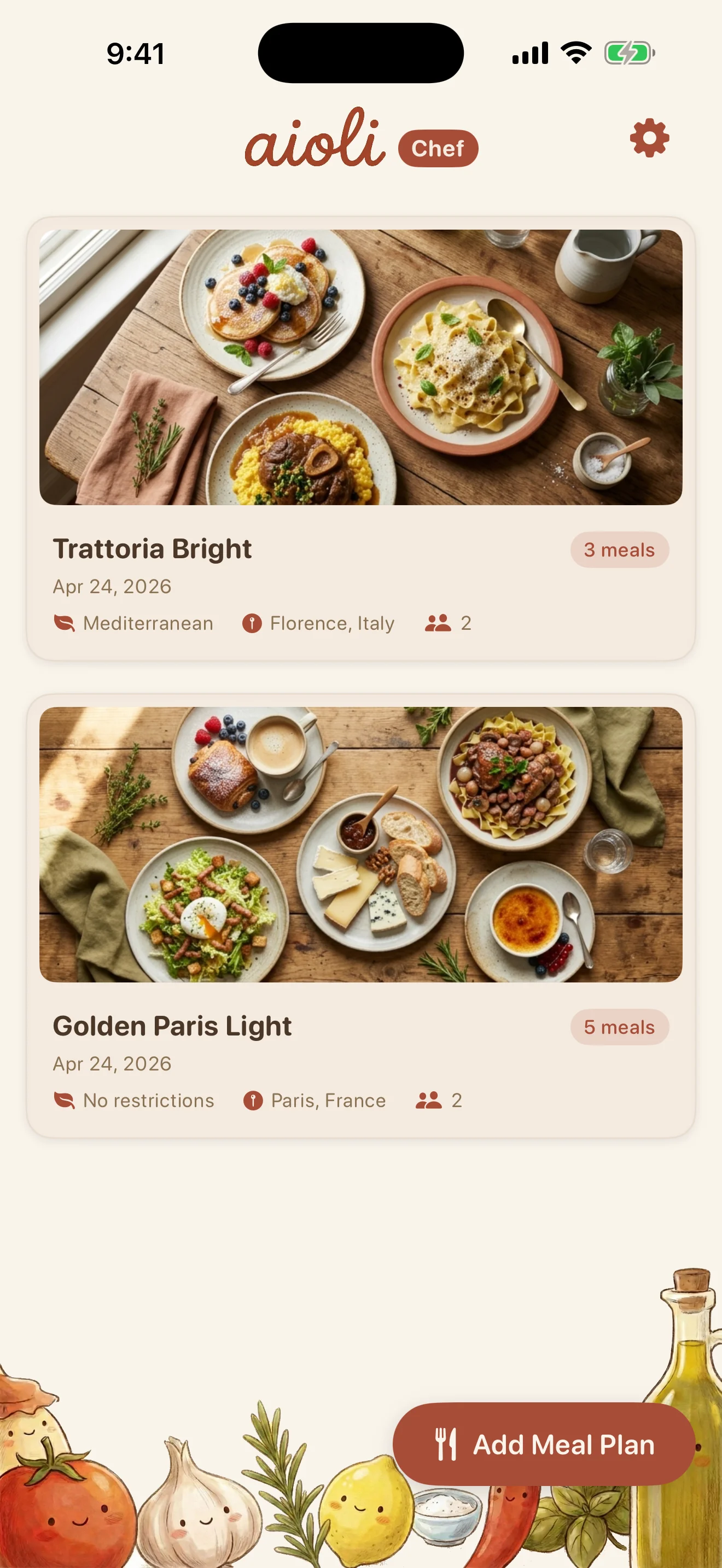 Aioli app — home screen showing two saved meal plans